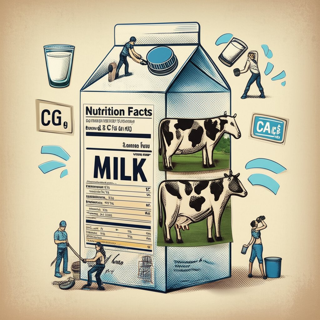 Milk nutrition facts label: Calcium, protein, vitamins, and healthy dairy benefits.