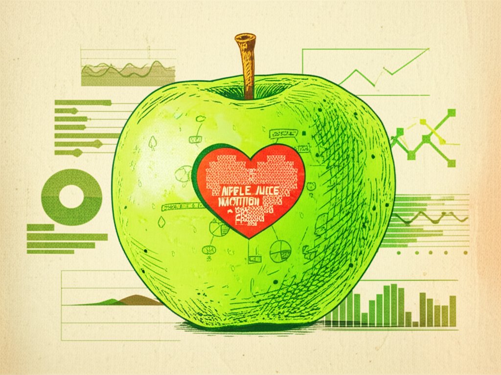 Apple juice nutrition facts label showcasing health benefits and dietary information.