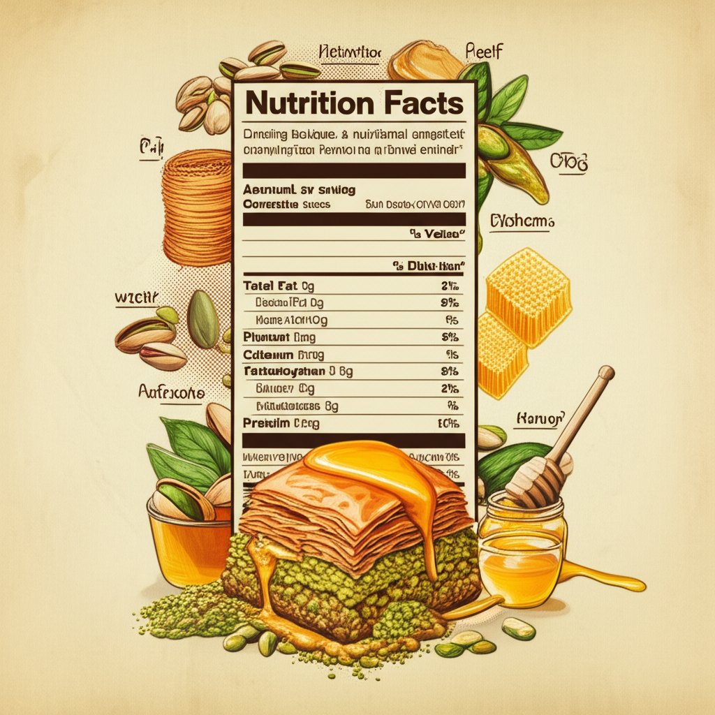 Baklava nutrition facts: calorie breakdown, macros, and health benefits infographic.