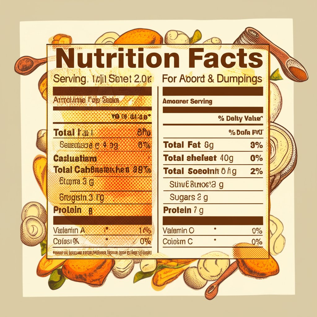 Chicken and dumplings nutrition facts label: calories, protein, carbs, and fat breakdown.