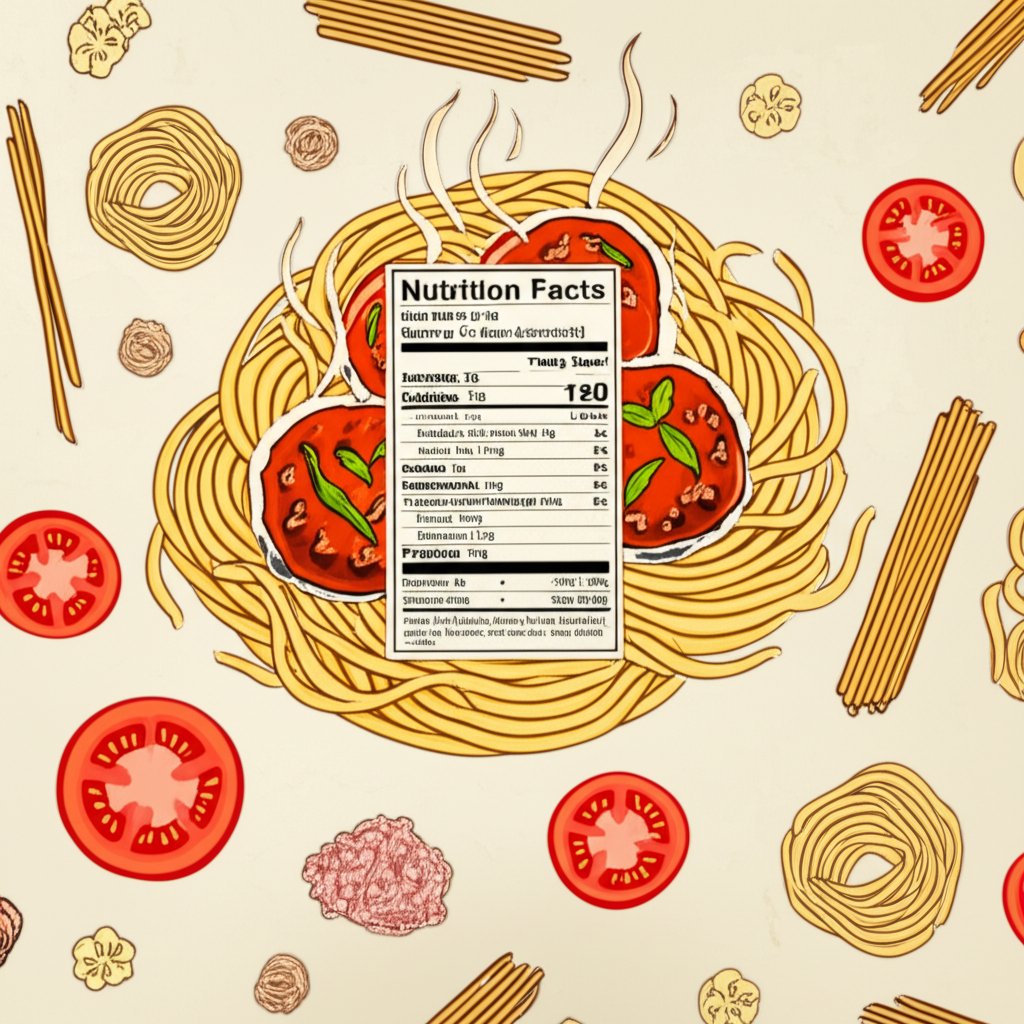Spaghetti and meatballs nutrition facts label: calories, carbs, protein, and fat.