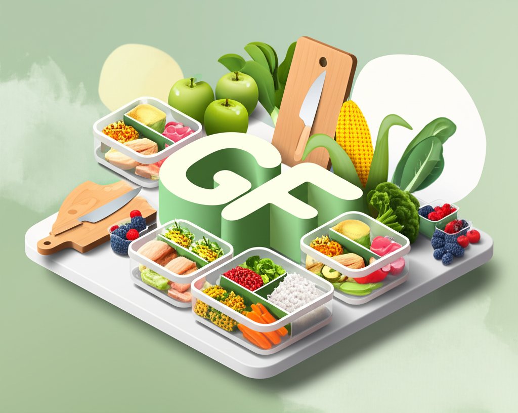 Colorful gluten-free meal prep containers with healthy, prepped food.