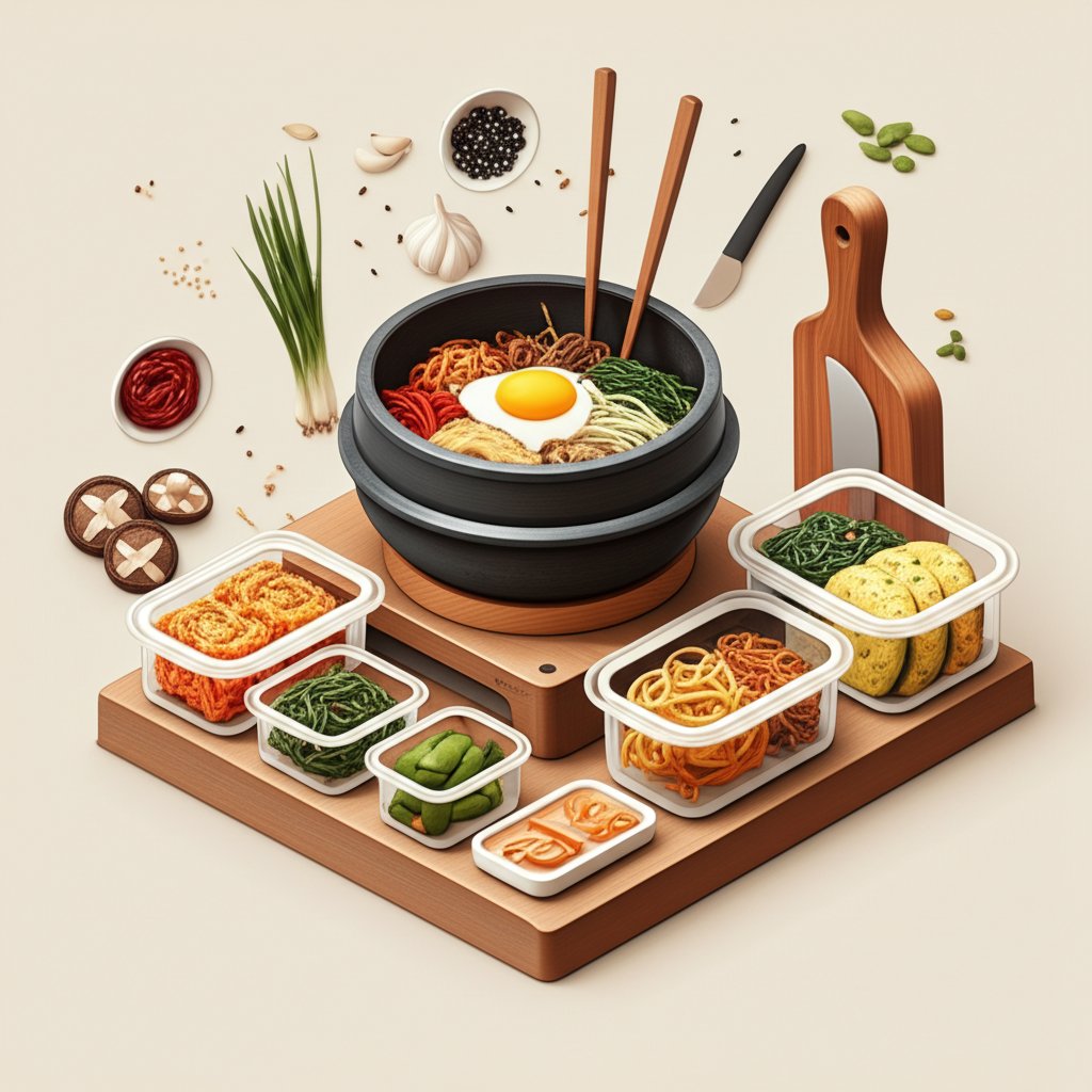 Colorful Korean meal prep in containers, ready for healthy weekly meals.