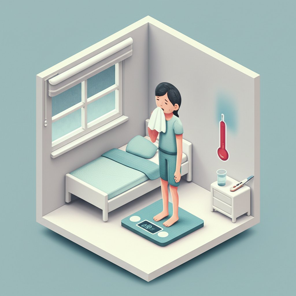 Person looking unwell and thin, illustrating unintentional weight loss from sickness.