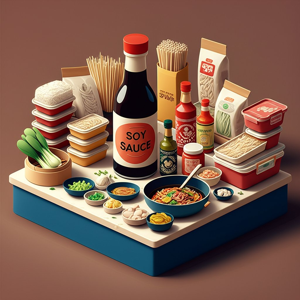 Stocked Asian meal prep pantry featuring essential sauces, spices, and noodles.