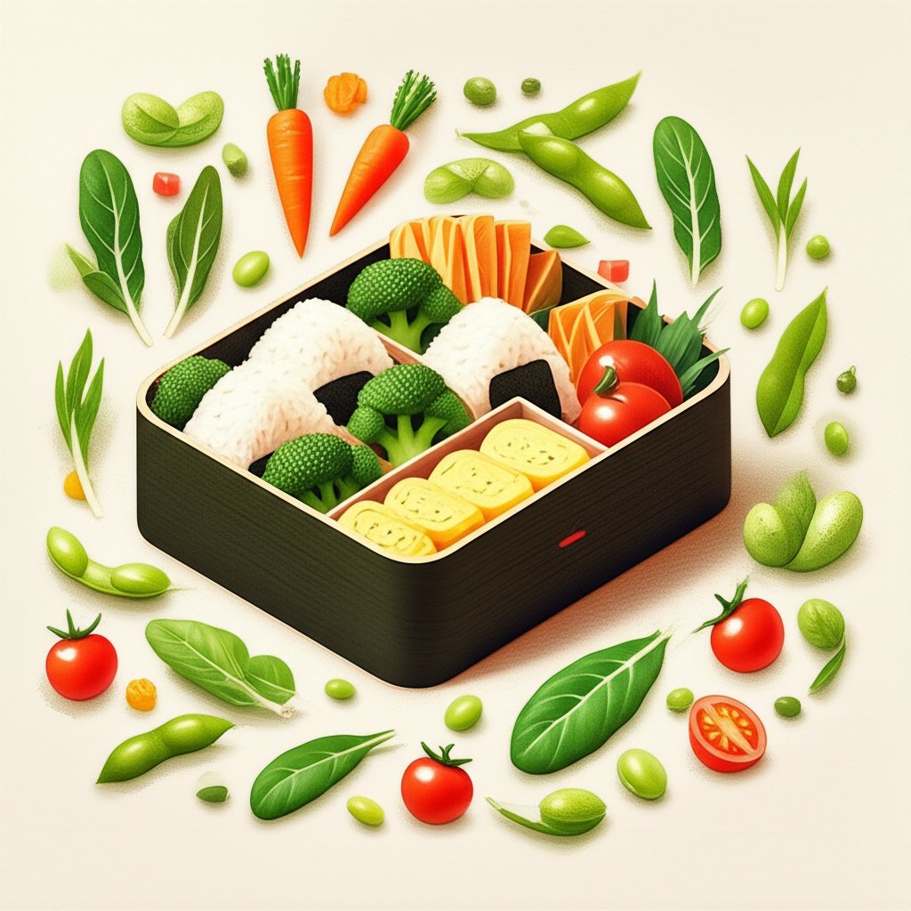 Colorful Japanese bento meal with organized compartments, perfect for a healthy lunch.
