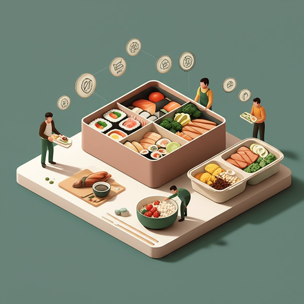 Bento boxes and meal prep trays, featuring diverse compartment designs for organized food storage.