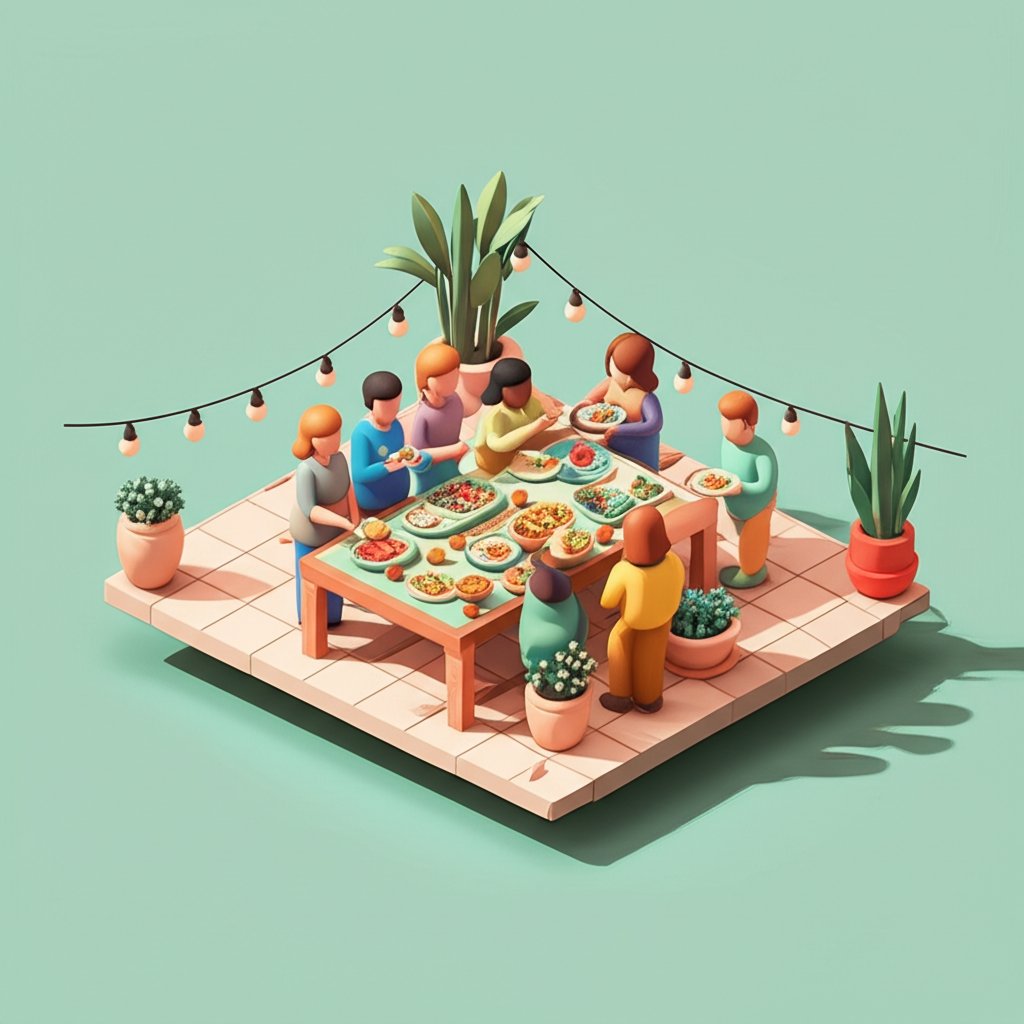 Beautifully presented communal serving at a vibrant patio potluck.