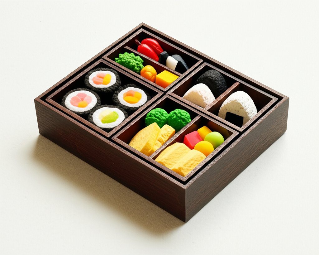 Delicious mini bento box with colorful sushi, fruit, and snacks.