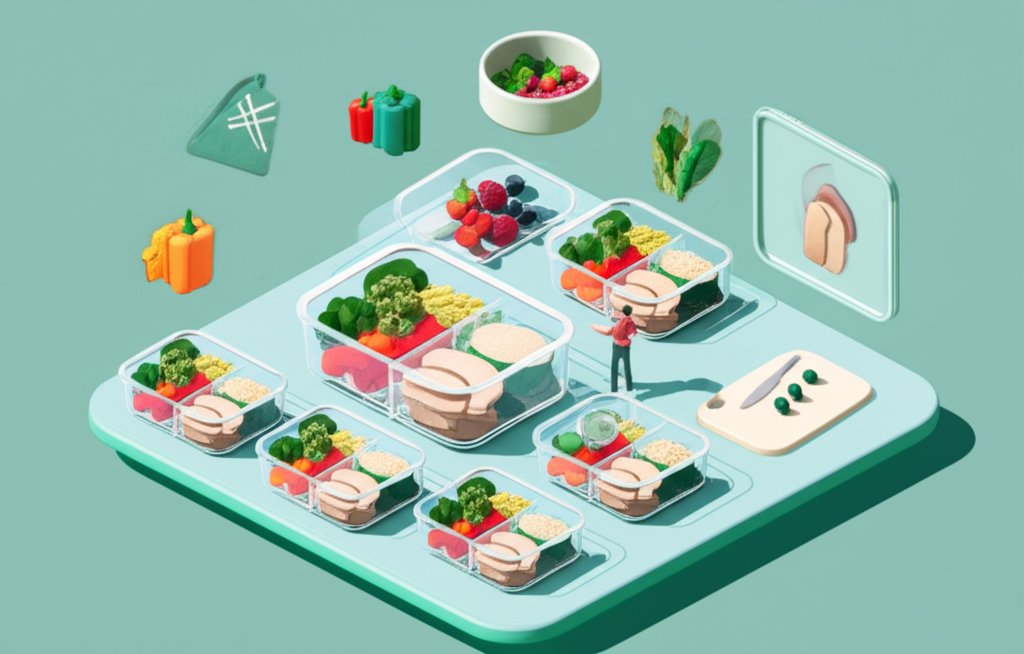 Glass bento prep workflow for streamlined Sunday meal preparation.