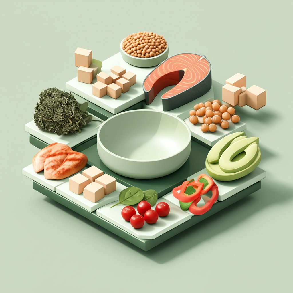 Anatomy of a perfect high-protein lunch bowl, showing healthy, balanced ingredients.