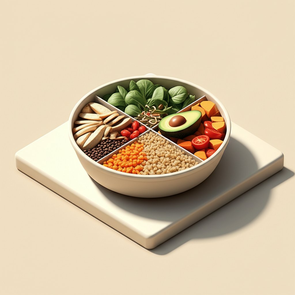 Visual guide to the 4 essential components of a perfect, healthy protein bowl.