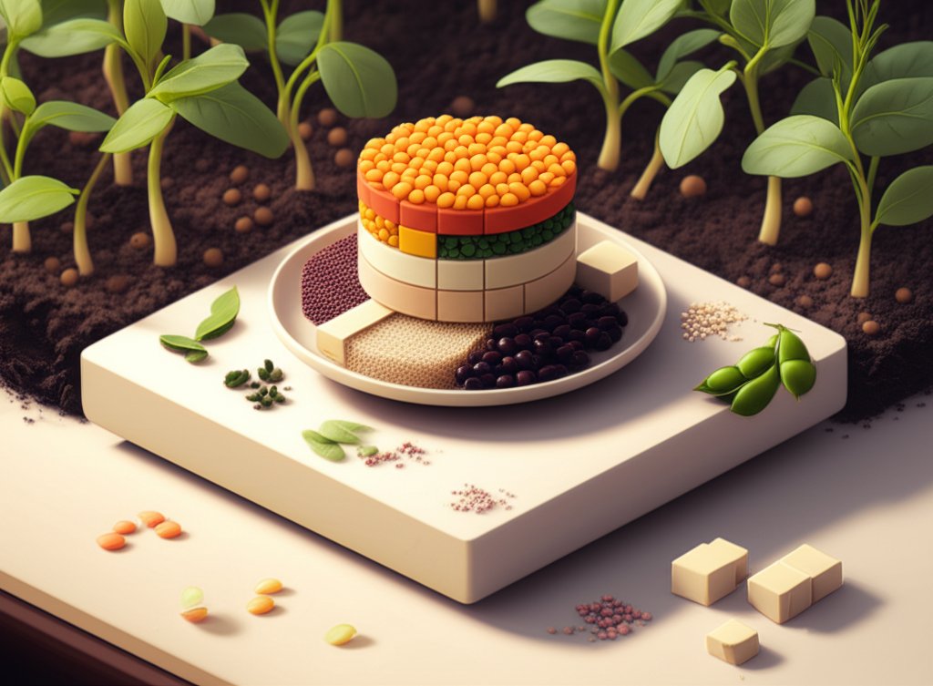 Building a high-protein plant plate: legumes, grains, tofu, nuts, seeds for optimal nutrition.