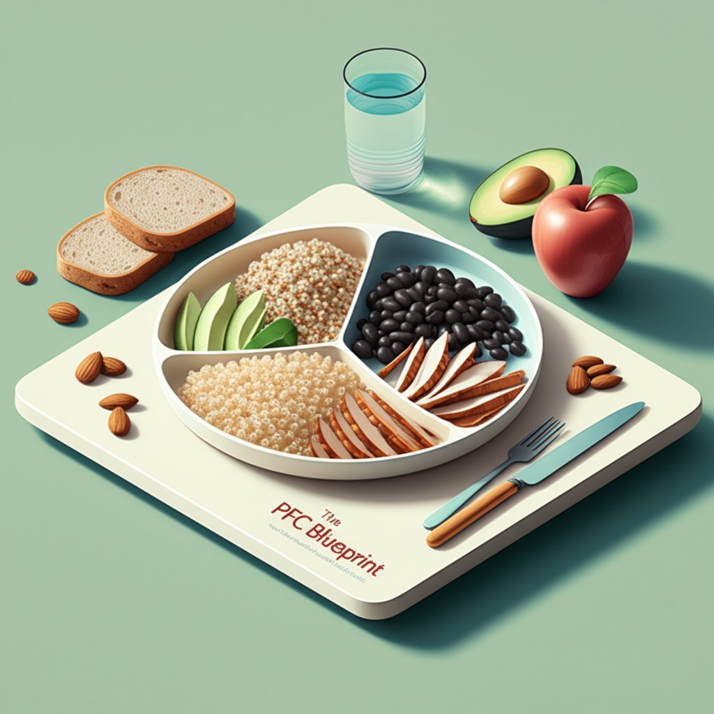 PFC blueprint: Protein, Fat, Carb guide for balanced, healthy lunch meals.