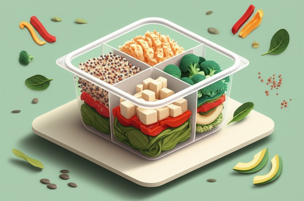 Diagram of a perfect meal prep bowl: protein, carbs, veggies, healthy fats.