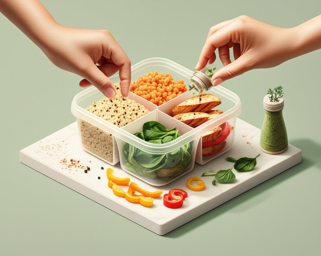 The Universal Meal Prep Formula: Base, Protein, Veggie, Flavor for healthy meals.