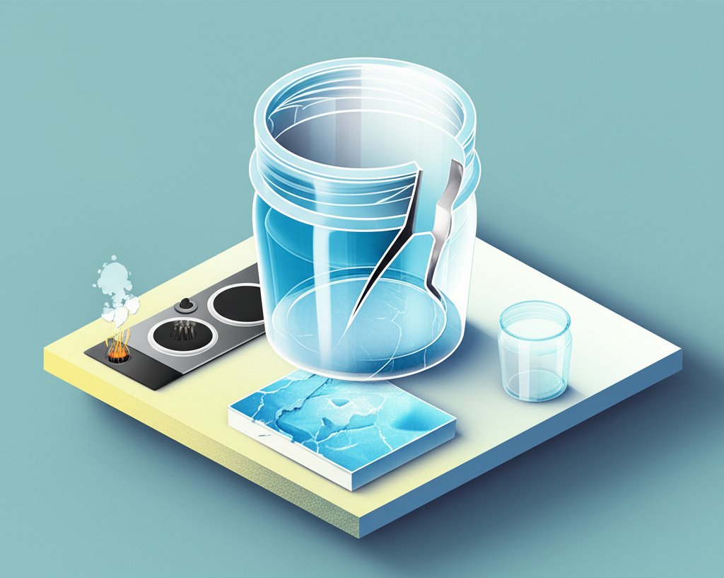 Cracked old glass containers versus durable, thermal-shock-resistant new glass.