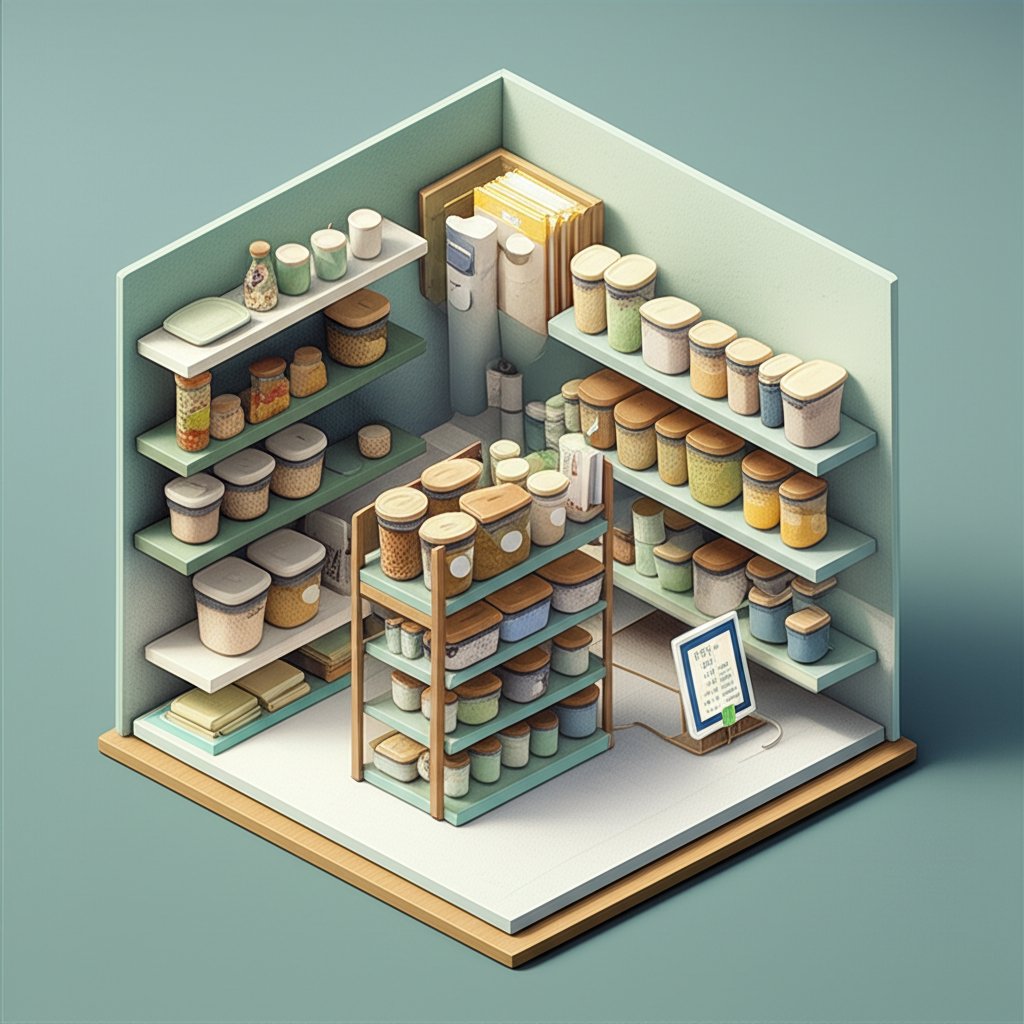 Organized kitchen counter with smart display, spice rack, and labeled containers. New kitchen command center.